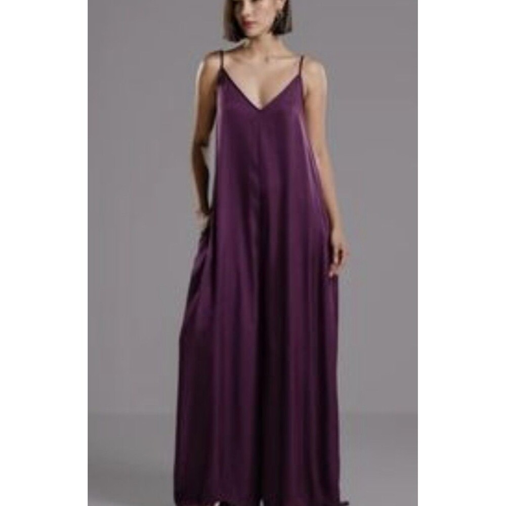 Jaki London || Audrey Satin Wide Leg Jumpsuit Plum S/M Quiet Luxury Loose Airy